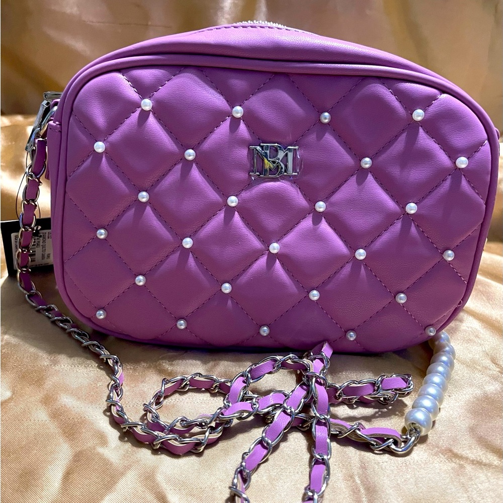 NWT Badgley Mischka vegan leather purple diamond quilted camera bag w/faux pearl